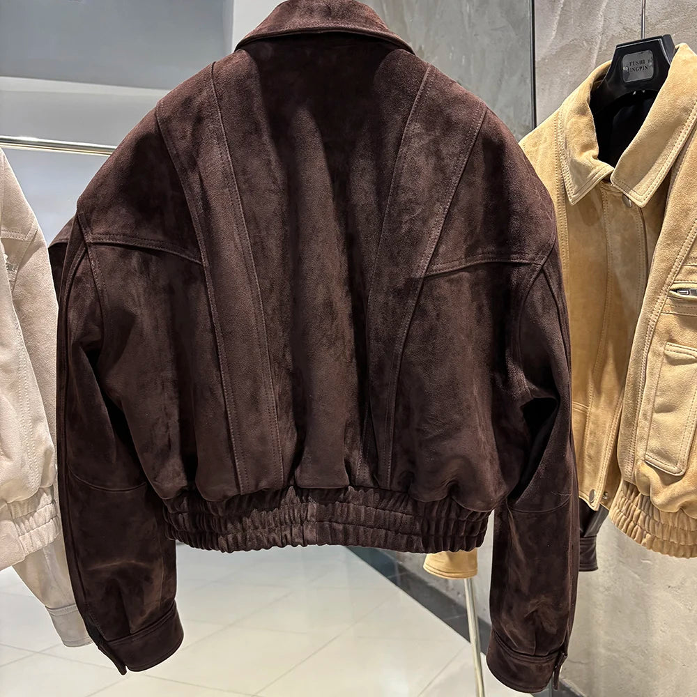 YOLOAgain 2025 Autumn Oversized Suede Jacket Women Real Leather Bomber Jacket Female