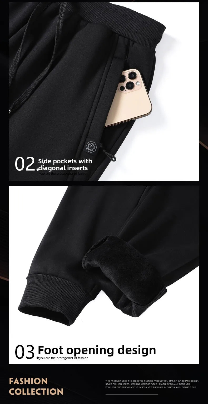Men's pants 2025 autumn and winter with plush and thickened pure cotton casual sanitary pants, sports leg binding casual pants