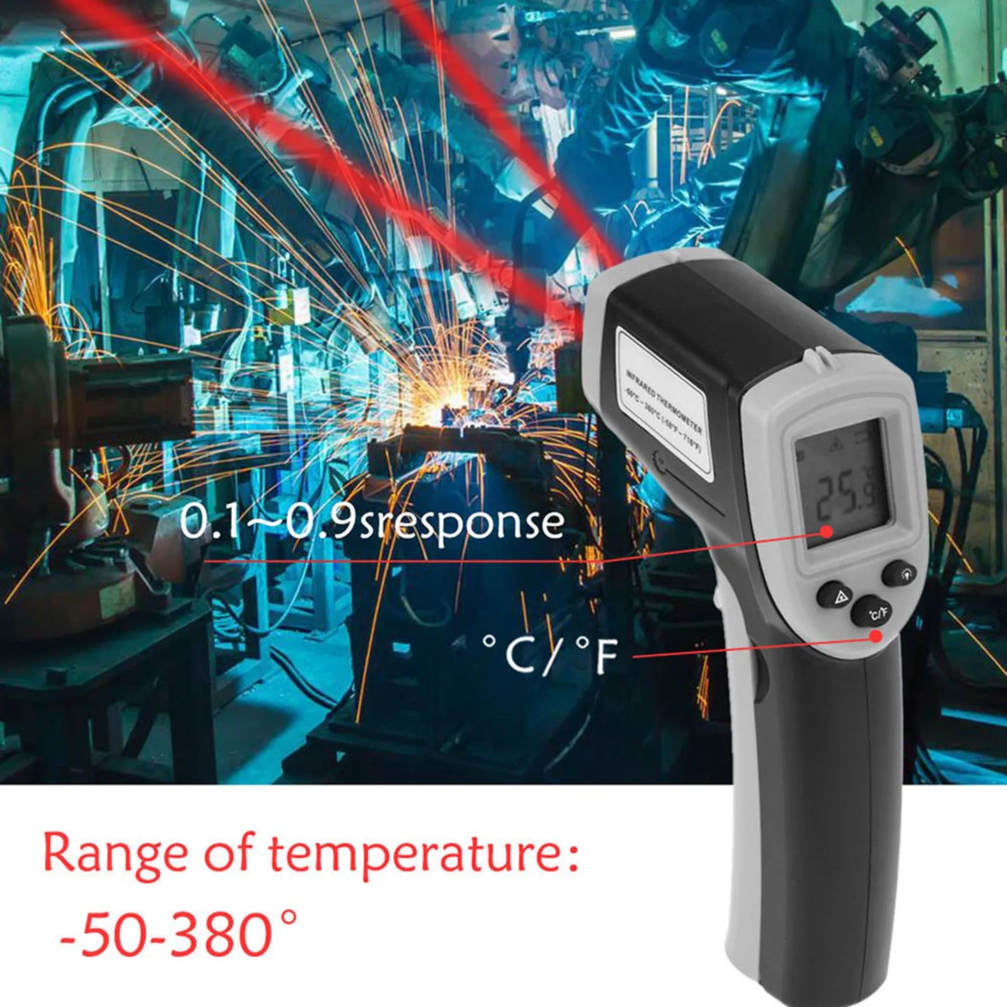 Digital Infrared Thermometer Laser Industrial Temperature Gun Non-Contact with Backlight -50-380°C（NOT for Humans）Battery not in