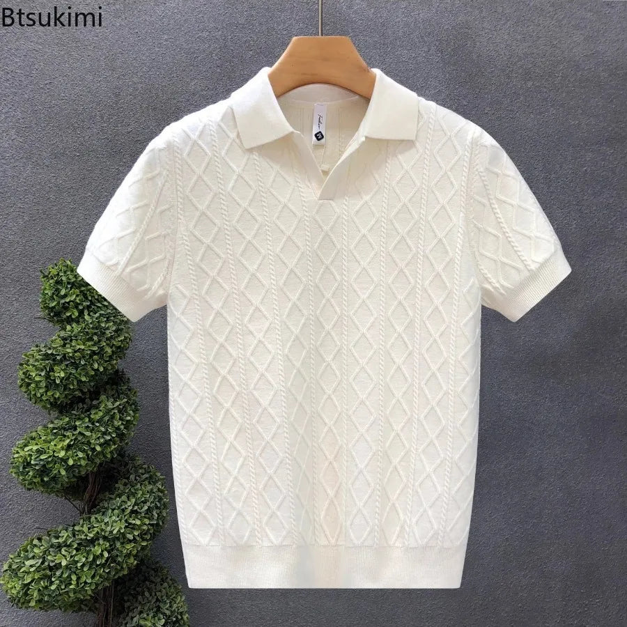 Polo Style Sweaters for Men Summer New Slim Fit Short Sleeve Business Casual T-shirts Male Solid Turn Down Collar Knitwear Tops