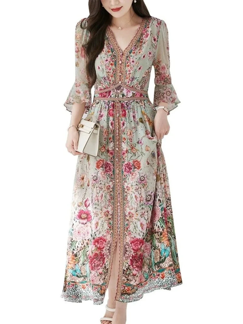 Green Silk Dress for Women in the Summer of 2026 Luxurious High-end Exquisite and Elegant Temperament Mulberry Silk Vacation WLF