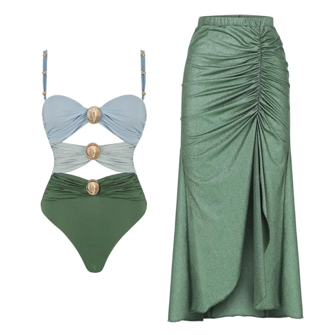 One-Piece Swimsuit and Skirt Blue Swimwear Bikini Female Vocation Bathing Suit Beachwear Beach Dress Sarong