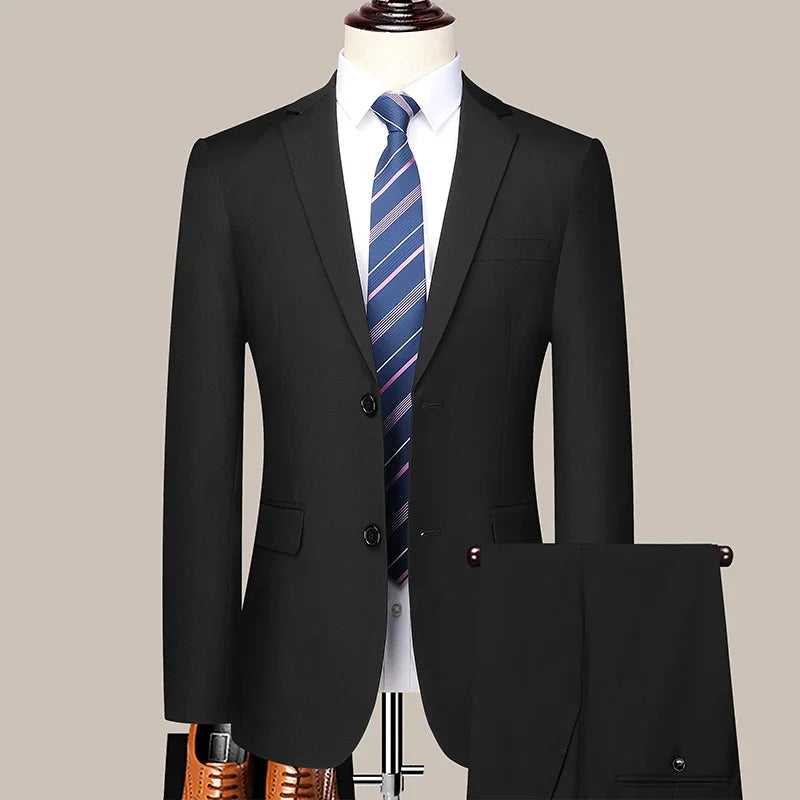 Suit  (Blazer+ Trousers) Men's Casual Formal Business Gentleman Solid Color Hosting Four Seasons Slimming Wedding Fashion Suit