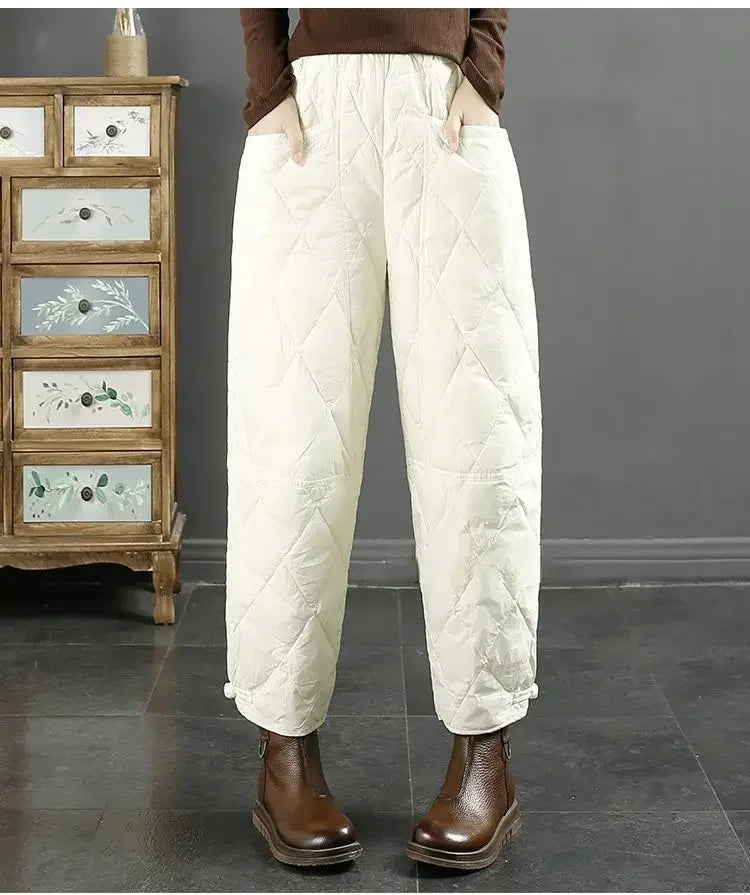 Vintage Quilted Pants Women Winter Warm Trouser Cotton-padded Pants Casual Design Pockets Elastic Waist Korean Chic Black Pants
