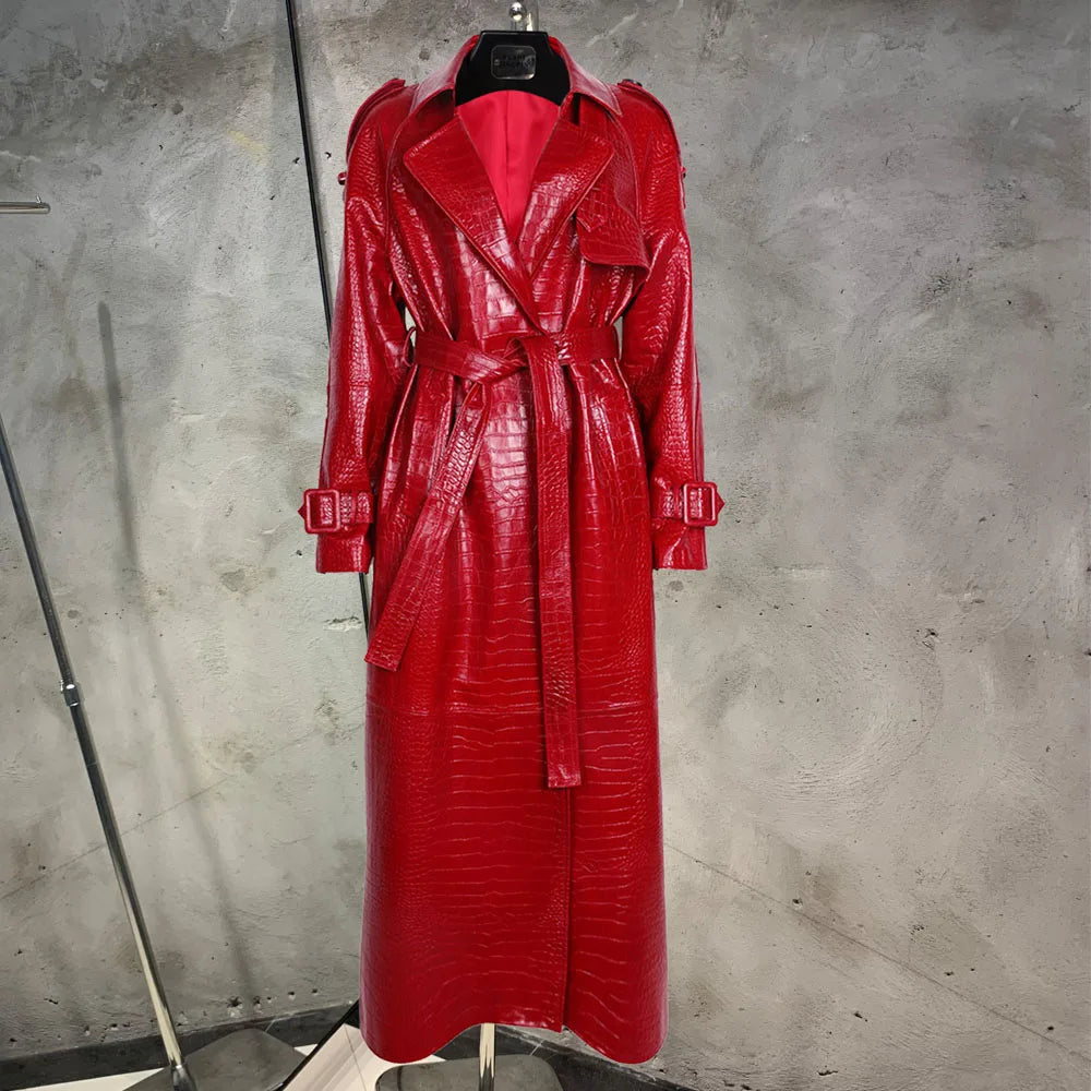 Leather Coat Orange Long Ladies Real Sheepskin Coat Genuine Sheep Leather Windbreak Long 21018
