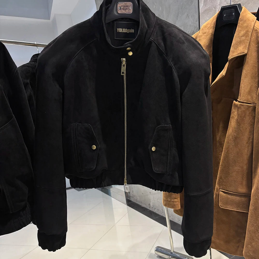YOLOAgain Suede Leather Jacket Coat Women Real Leather Cropped Jacket Bomber Jacket 2025 Autumn