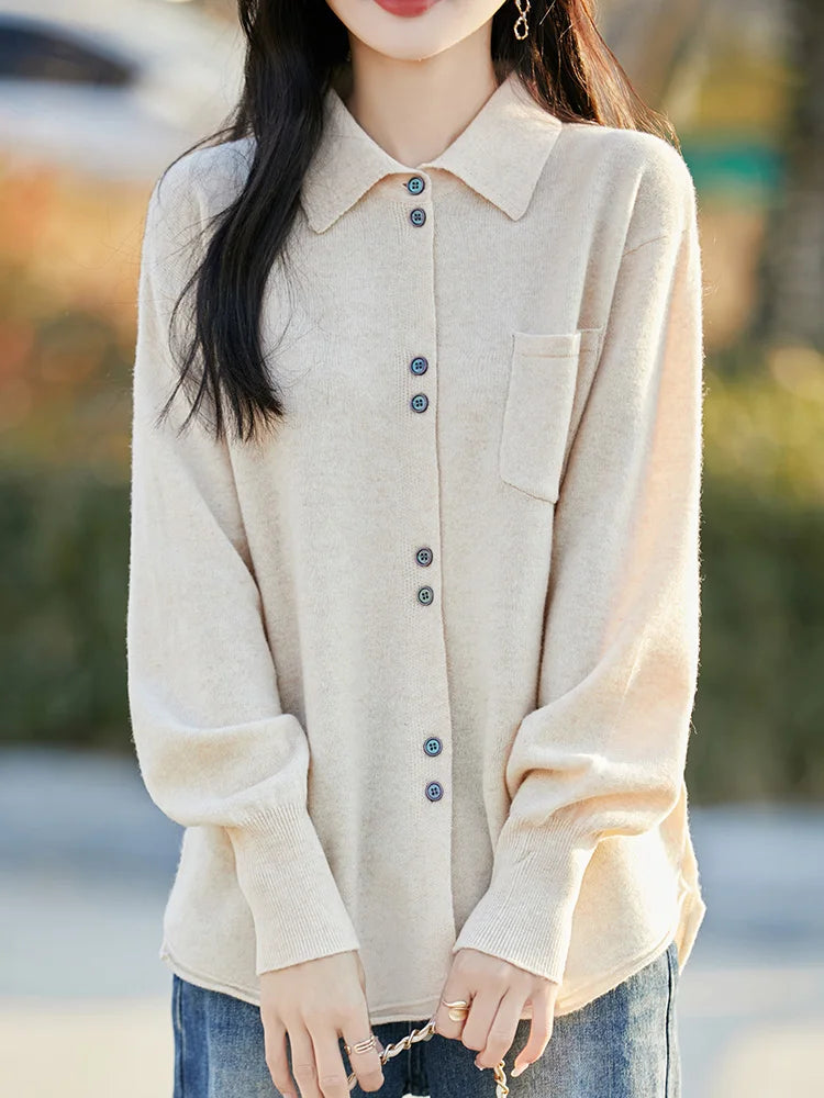 POLO Collar Wool Sweater 100 Pure Wool Spring And Autumn New Knitted Women Loose And Slimming Cardigan ZA682