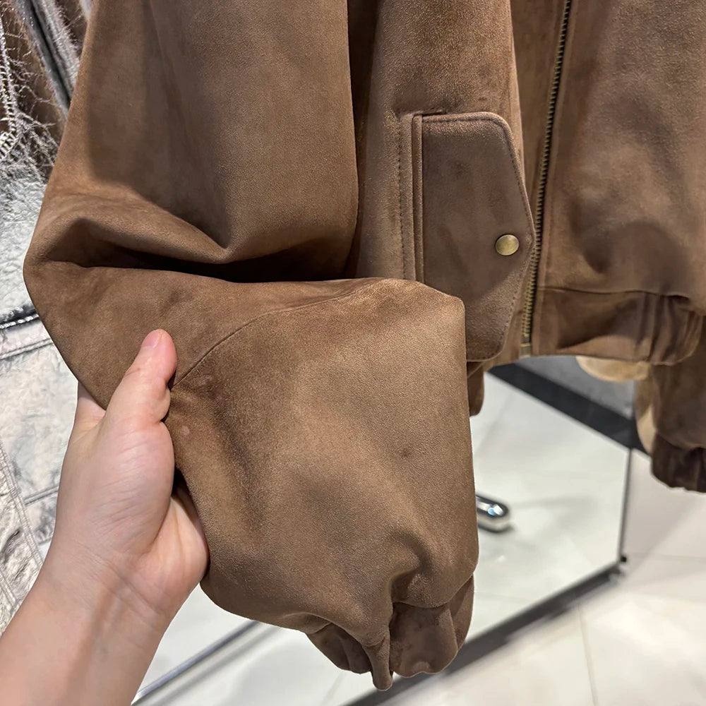 YOLOAgain Suede Leather Jacket Coat Women Real Leather Cropped Jacket Bomber Jacket 2025 Autumn