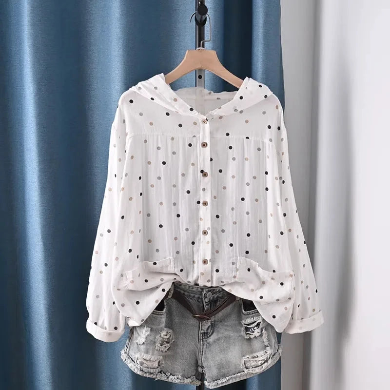 2025 Middle-aged women's clothing 100% cotton yarn hoodies polka dot print shirts long sleeve blouses for women hooded tops