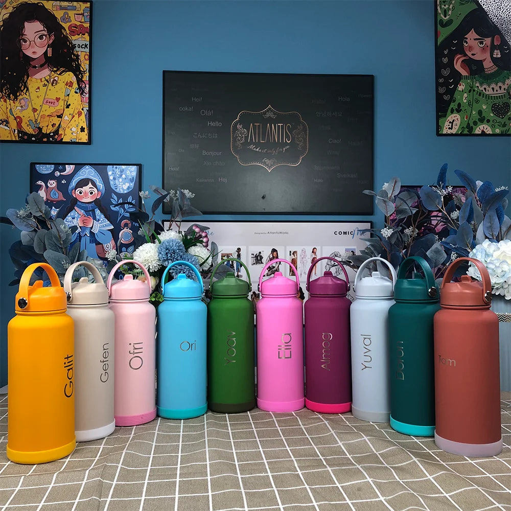 1000ML Water Bottle With Straw Lid Vacuum Insulated FlaskThermos Tumbler Ceramic Anti-Corrosion Coating Custom Gifts