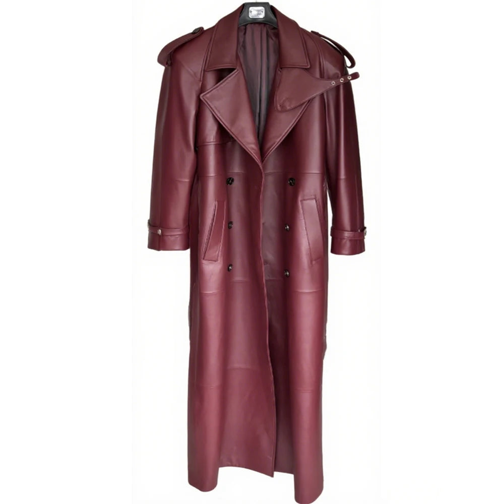 Suede Burgundy Long Coat Double Breasted Windbreak Length 150cm Women's Real Suede Coat