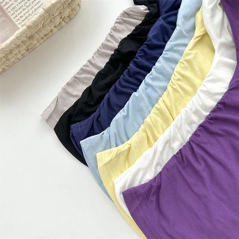 Women's Summer High Stretch Slash Neck Flare Sleeve Slim T Shirt Lady Sexy Pleated Slim Solid Color Pullover Tee Top