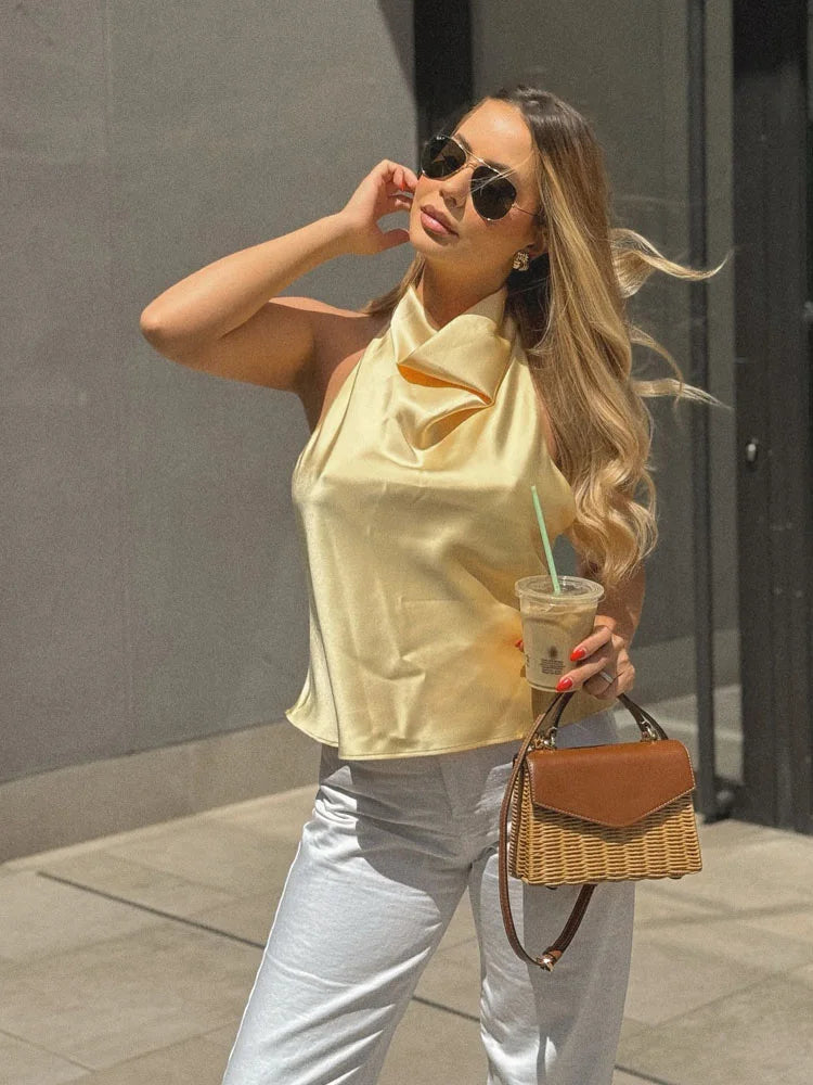 HH Women Summer Sexy Sleeveless Backless Vest Top Female New Fashion Solid Chic Neck Halter Button Pleated Design Slim Top
