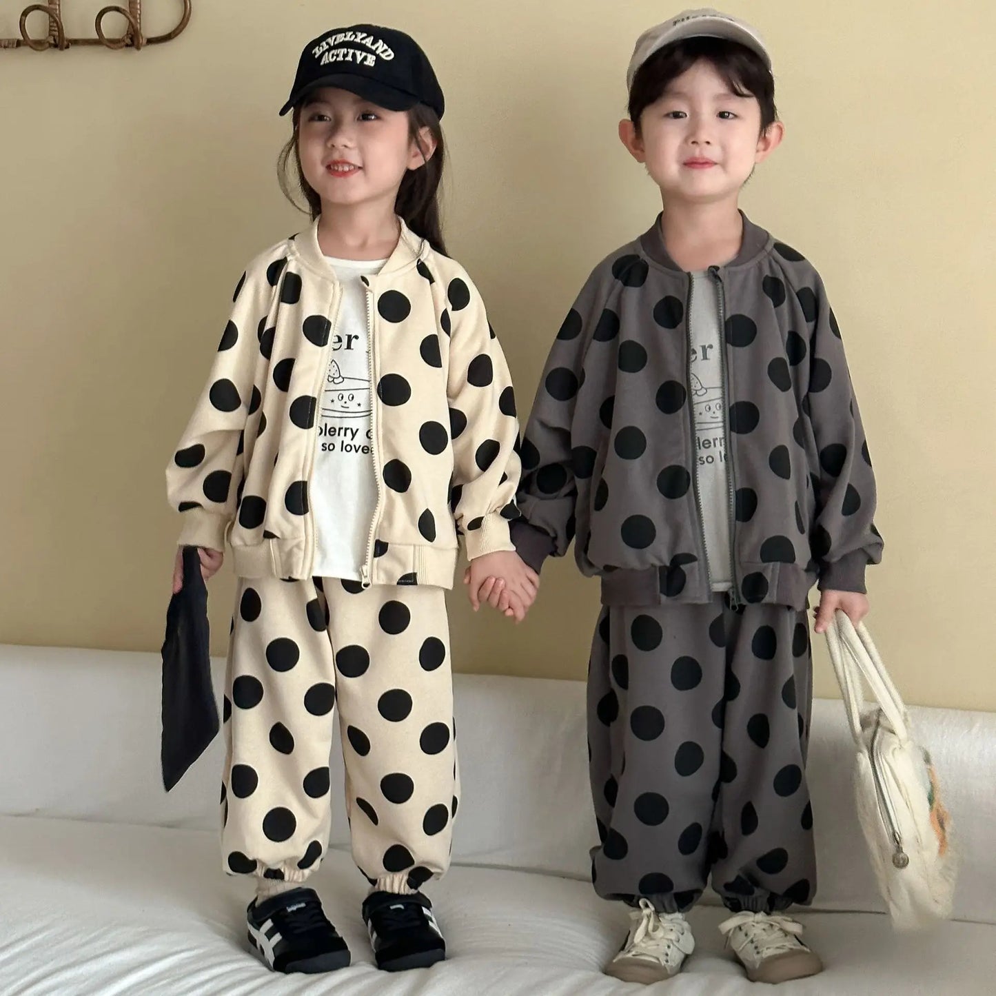 2025 Autumn New Children Long Sleeve Clothes Set Boys Girls Zipper Coat + Sweat Pants 2pcs Suit Kids Casual Polka Dot Outfits