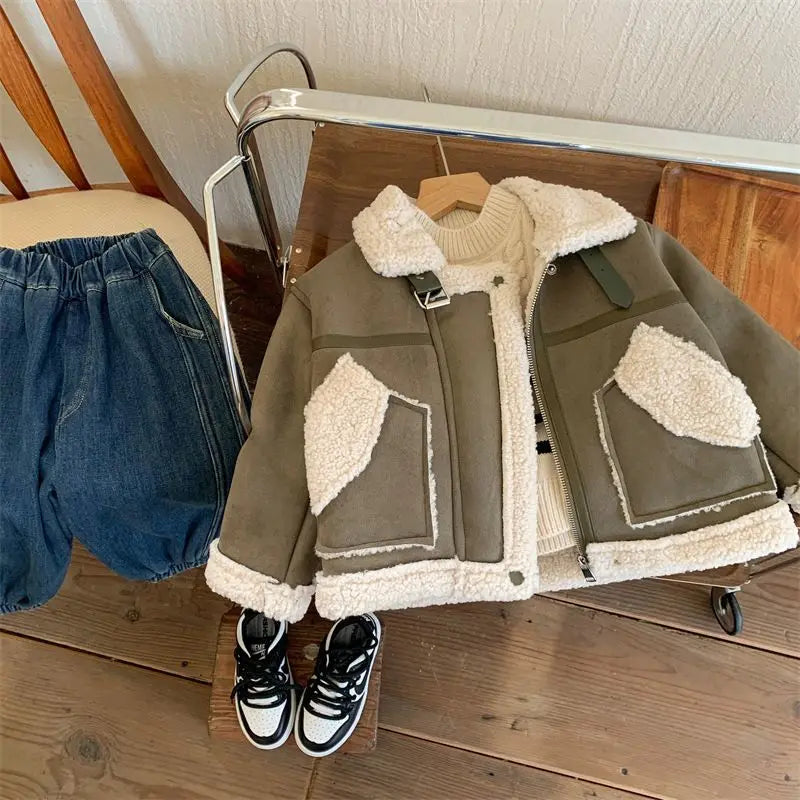 Winter New Children's Jacket Boys and Girls Baby Plush Thickened Cotton Coat Warm Jacket Motorcycle Coat  Autumn