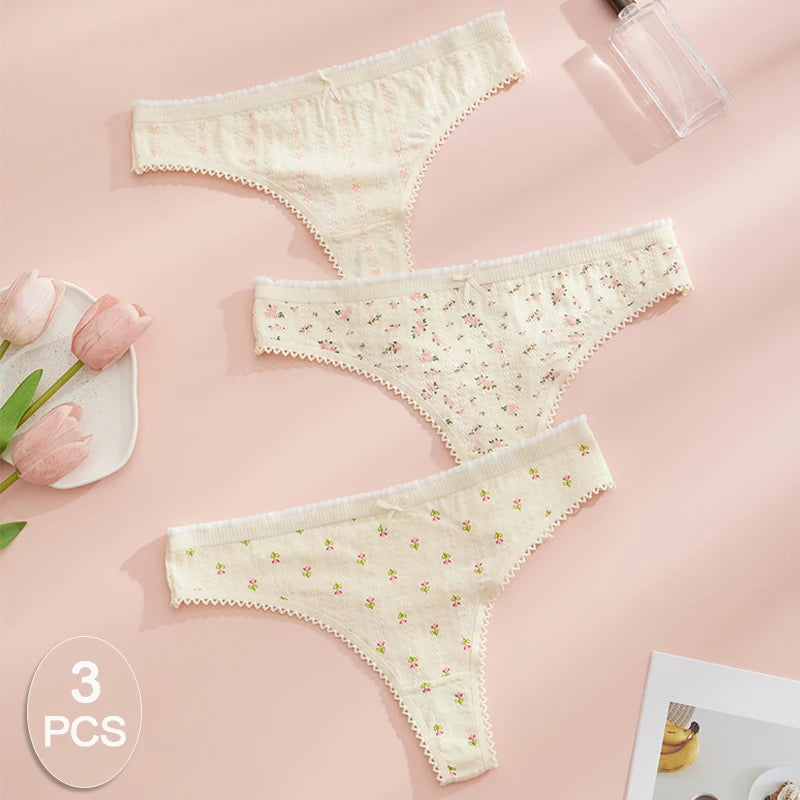 3pcs Fashion Cute Print Panties For Women Thongs Cotton Spring Summer Soft Lingeries Sexy Hot Bow Women'S Thong