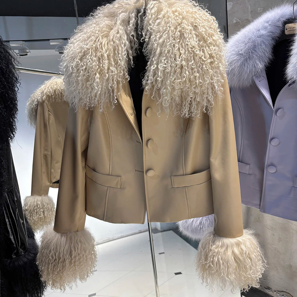 YOLOAgain Women's Mongolia Sheep Fur Collar Real Leather Jacket Single Breasted