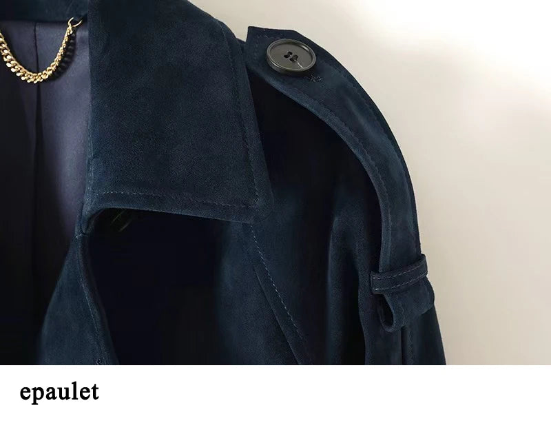 Kid Suede Leather Jacket for Women Branded New 2025 Old Money Double Breasted Short  Jacket Femme Big Lapel Epaulet Trench Coat