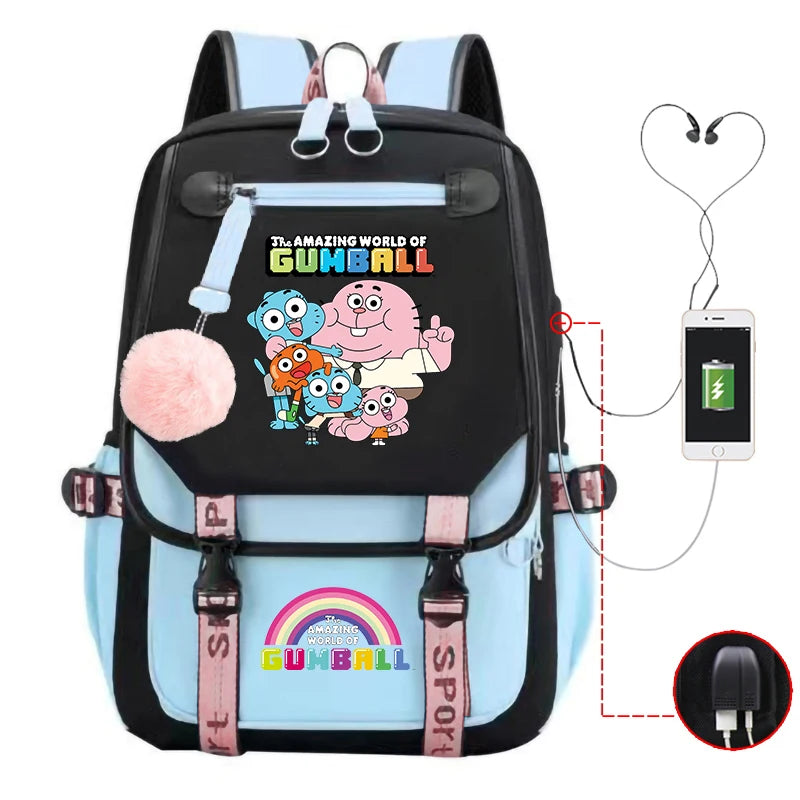 School Bags for Teenage Girls The Amazing World of Gumball Printed Students Bookbag Large Capacity Travel Bagpack with Usb Port