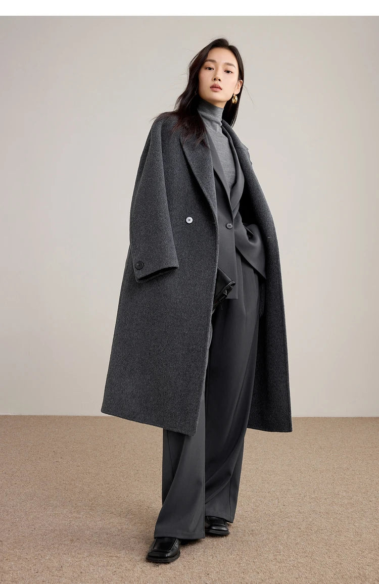 SENTUBILA Women's 100% Wool Double-Faced Coat Winter 2025 Suit Lapel Collar Classic Commuter Style Long Overcoat W54OA8779