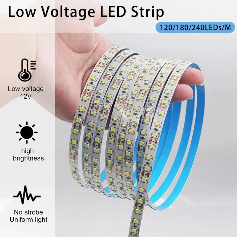 12V 24V 5m LED Strip Light 2835 120/180/240 LEDs Flexible Tape Bright 8mm PCB  Home Decoration