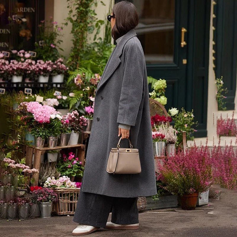 Thick Solid Wool Jackets Women Single Breasted Full Sleeve Coats Casual Warm Turn Down Collar Long Blends Office Lady Autumn