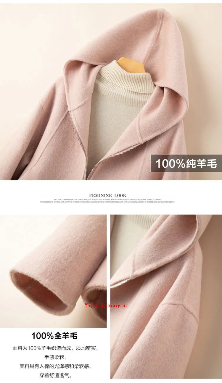 Elegant Woolen Coat Woman 2025 Winter New Fashion Pink Hooded Short Zipper Double-Sided Wool Jacket Ladies Slim Outerwear B810