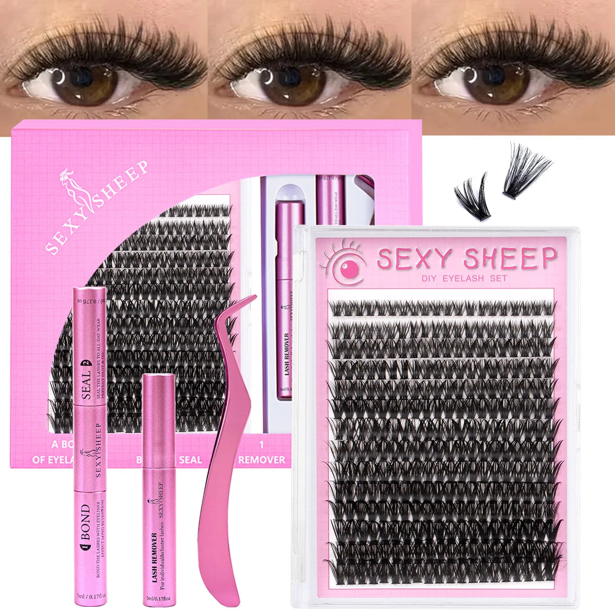 DIY Eyelash Extension Kit Soft Natural Look Wispy Kit with Bond & Seal Tweezers Reusable Cluster Lashes D Curl Individual Lash