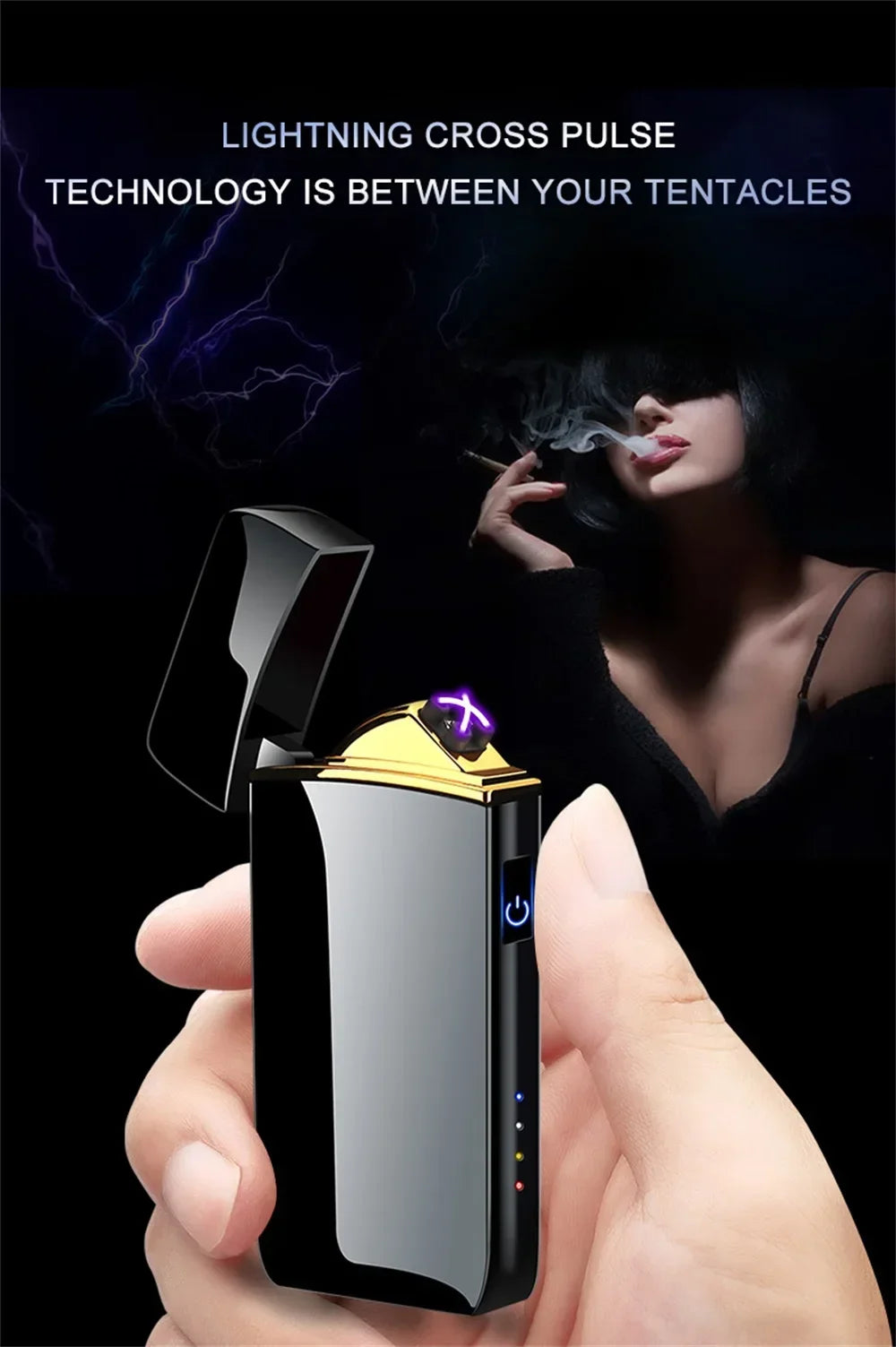 Hot Electric Windproof Metal Lighter Double Arc Plasma Flameless Rechargeable USB Lighter LED Power Display Touch Sensor Lighter