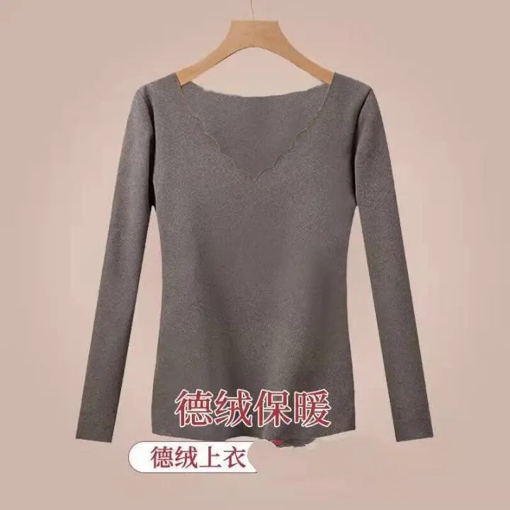 Warm Suit for Women's Autumn Clothes, Wool Base Shirt Slim Suit