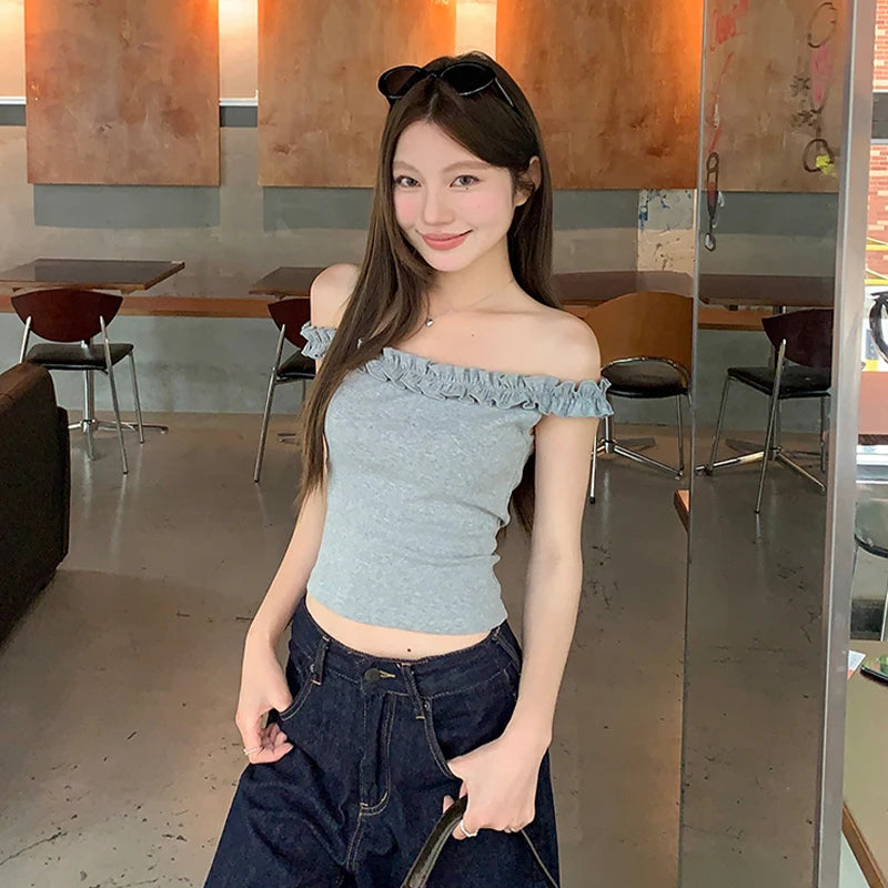 Women's Summer Off-Shoulder Solid Color Tops Sheath Casual Daily Cropped T-shirt