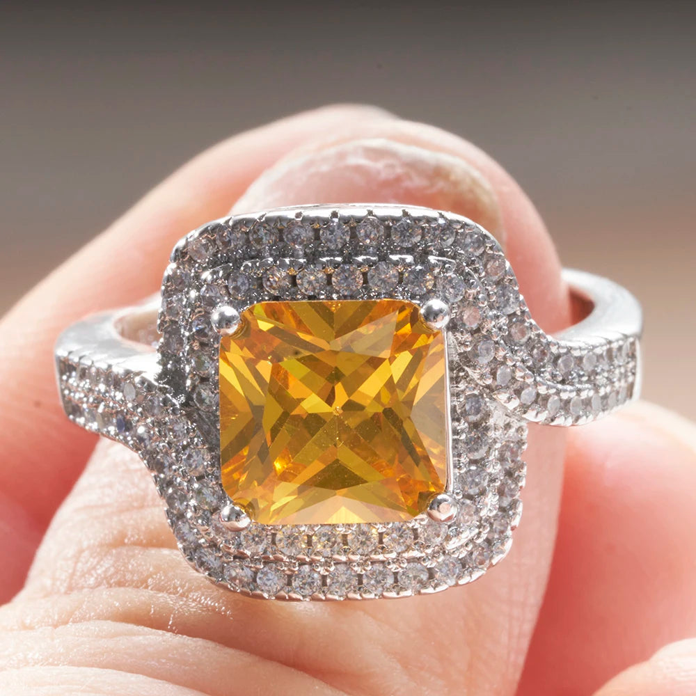 Sterling Rings For Women Yellow Stone Luxury Wedding Engagement White Gold Plated Fine Jewelry Dating Gift Drop Shipping