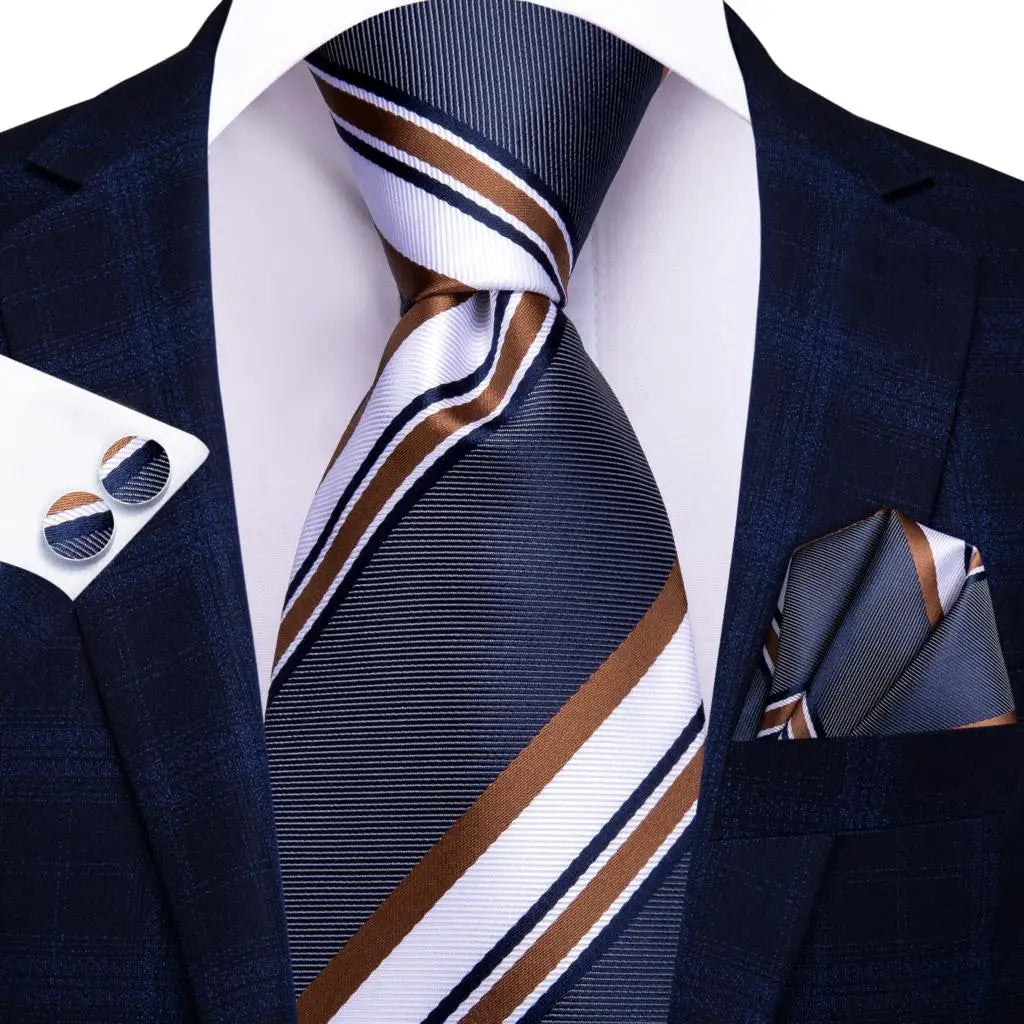 Grey White Striped 2023 New Elegant Men Tie Hanky Cufflink Silk Necktie For Men Wedding Party Business Fashion Brand Hi-Tie