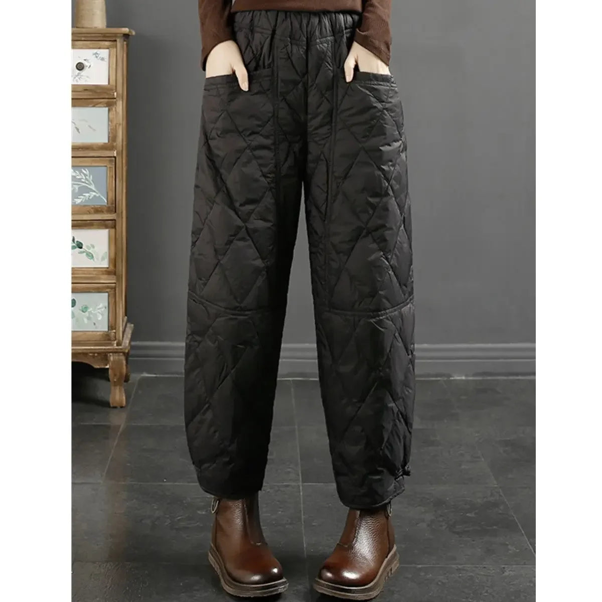 Vintage Quilted Pants Women Winter Warm Trouser Cotton-padded Pants Casual Design Pockets Elastic Waist Korean Chic Black Pants