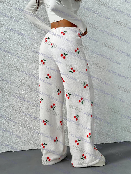 Women's Elegant Casual Pants Straight Leg Trousers with Red Cherry Flannel Home Trouser Ladies Pants Autumn Winter Pajamas Pants