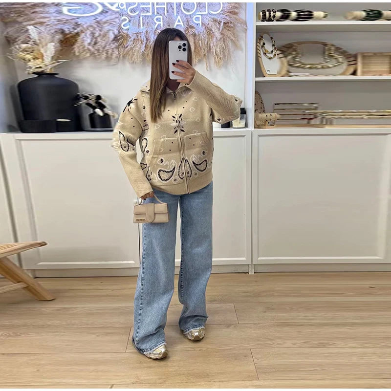 Jacquard Knitted Women's Cardigan Sweater Fashion Zipper Loose Pocket Casual Lady Sweaters 2026 Spring Street Long Sleeve Top