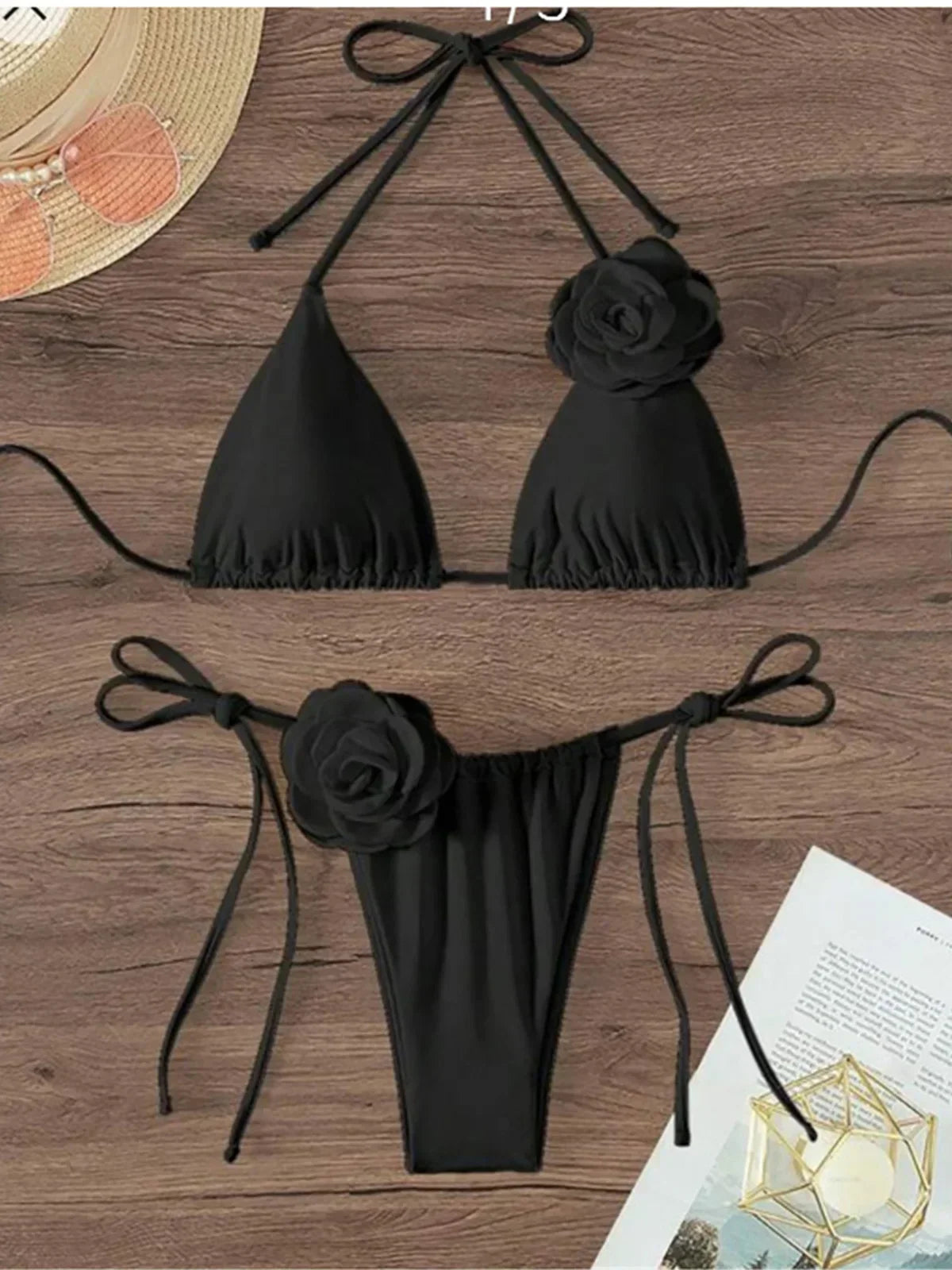 S - XL Sexy 3D Flowers Halter Strappy Bikini Women Swimwear Female Swimsuit Two-pieces Bikini set Bather Bathing Suit Swim
