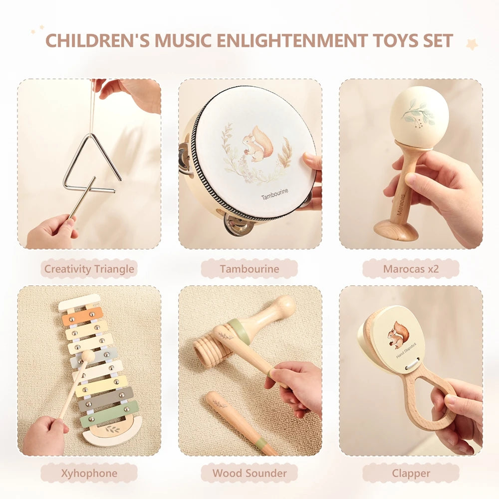 Montessori Musical Instruments for Children Wooden Baby Toys Child Musical Instrument Toddler Toys Squirrel Instrument Sets Gift