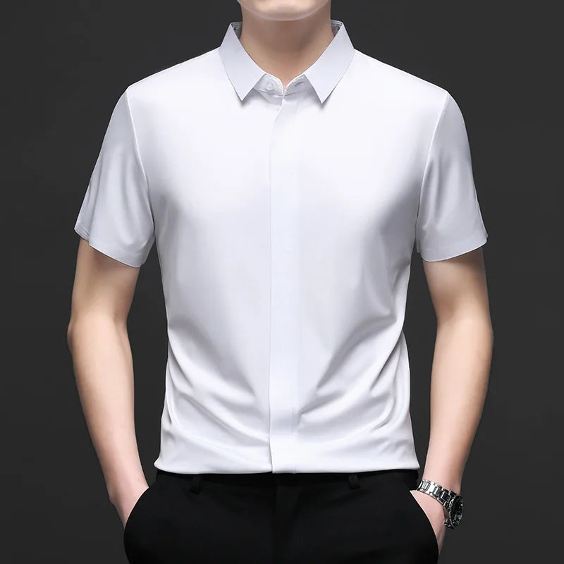 Silk Men Short Sleeve Shirt Business Casual Stretch Pure Color Commercial Affairs Casual Top
