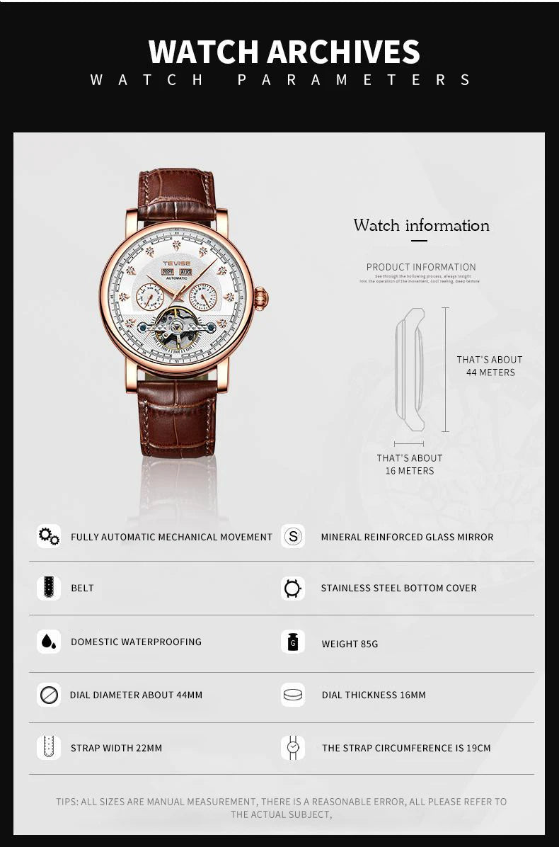 TEVISE Watch for Men Automatic Mechanical Movement with Calendar Luminous Fashion Casual Business Wristwatch