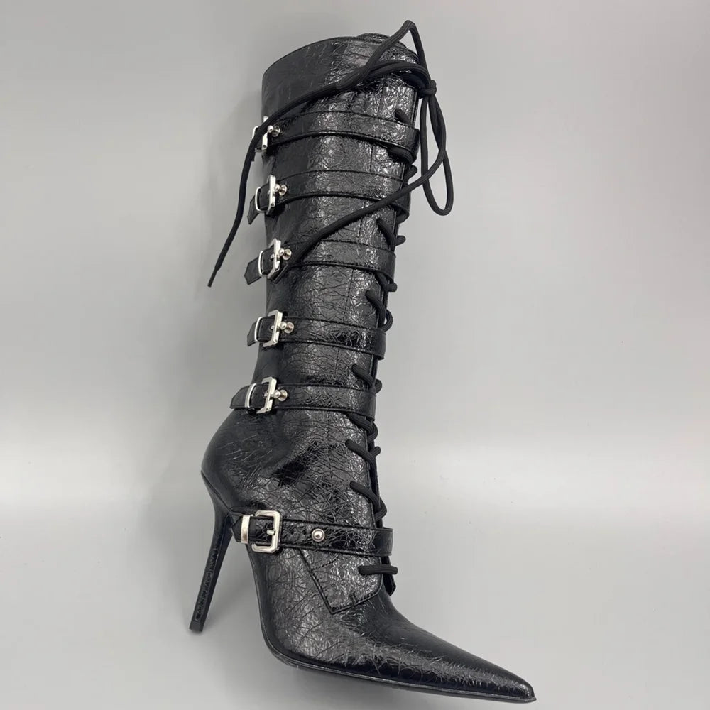 Horsehair Metal Rivet Buckle Betl Long Boots Thick Heel Sexy Pointed Toe Zipper New Arrivals Fashion Women Modern Boots