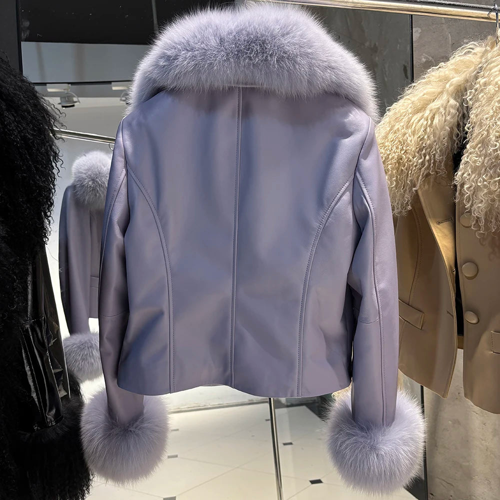 YOLOAgain Women's Mongolia Sheep Fur Collar Real Leather Jacket Single Breasted