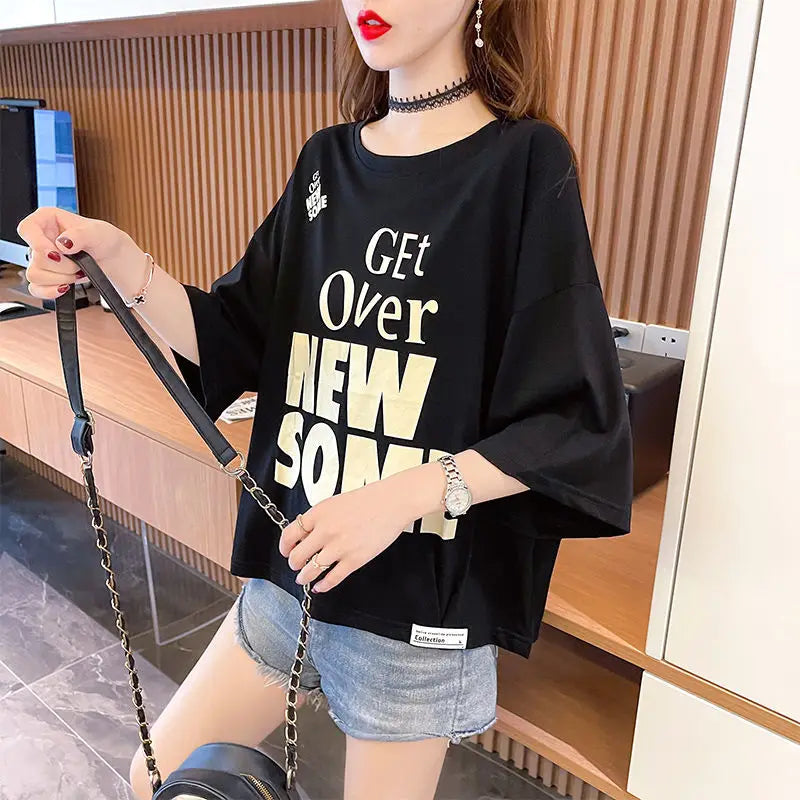 Women's T-shirt Summer Outfit Graphic Short Sleeve Cotton Top Female Baggy Trending Clothing Korean Popular Clothes Cheap Woman