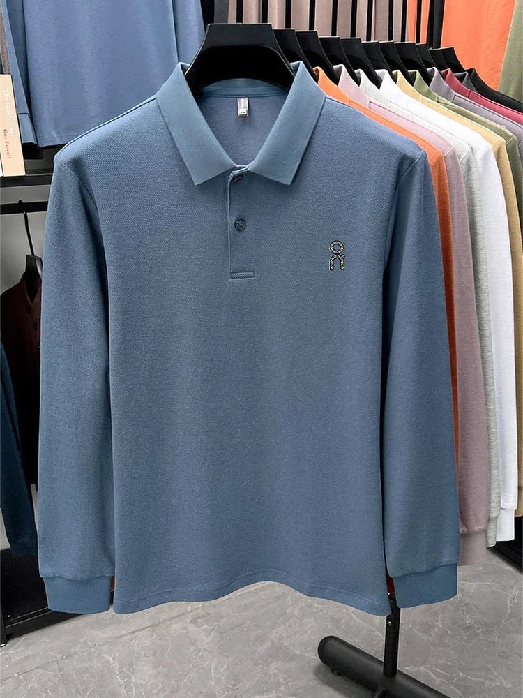 100% pure cotton polo shirt long sleeved men's brand fashionable embossed T-shirt sports breathable spring autumn casual new top