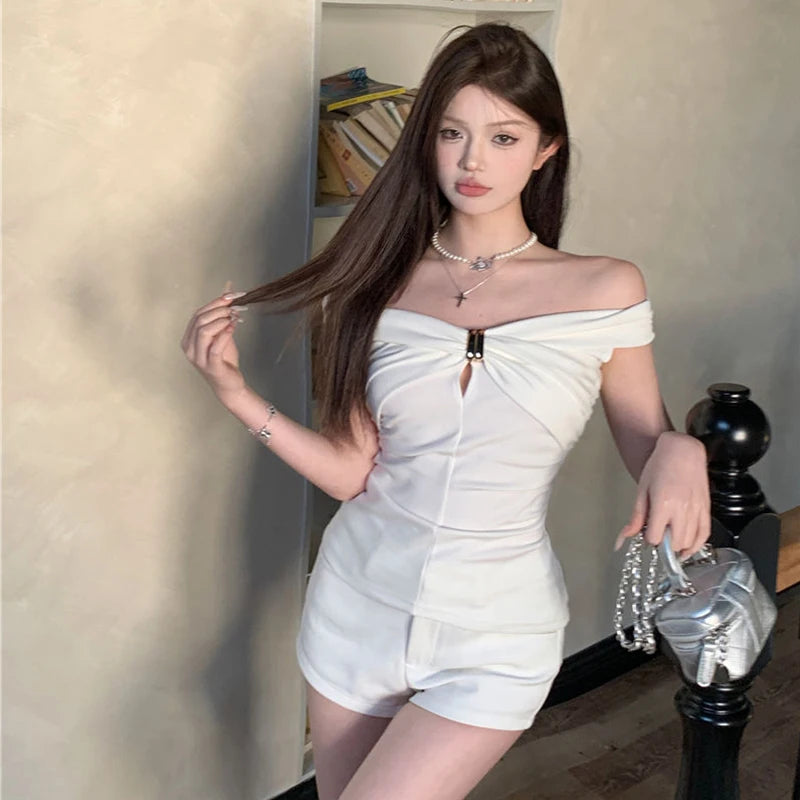 Summer Solid Color Sexy Off Shoulder Tops Lace Up Sleeveless T-Shirt Casual Slim  Top Black Short Sleeve Wome