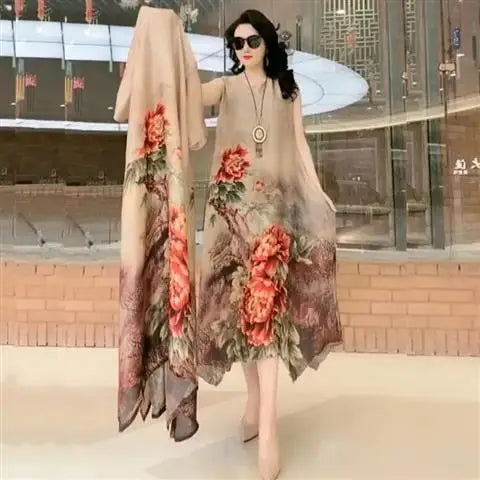 High Atmospheric Elegant Silk Dress Two-piece set 2024 Summer New Westernized Mulberry Silk Large Size Temperament Long Set Skir