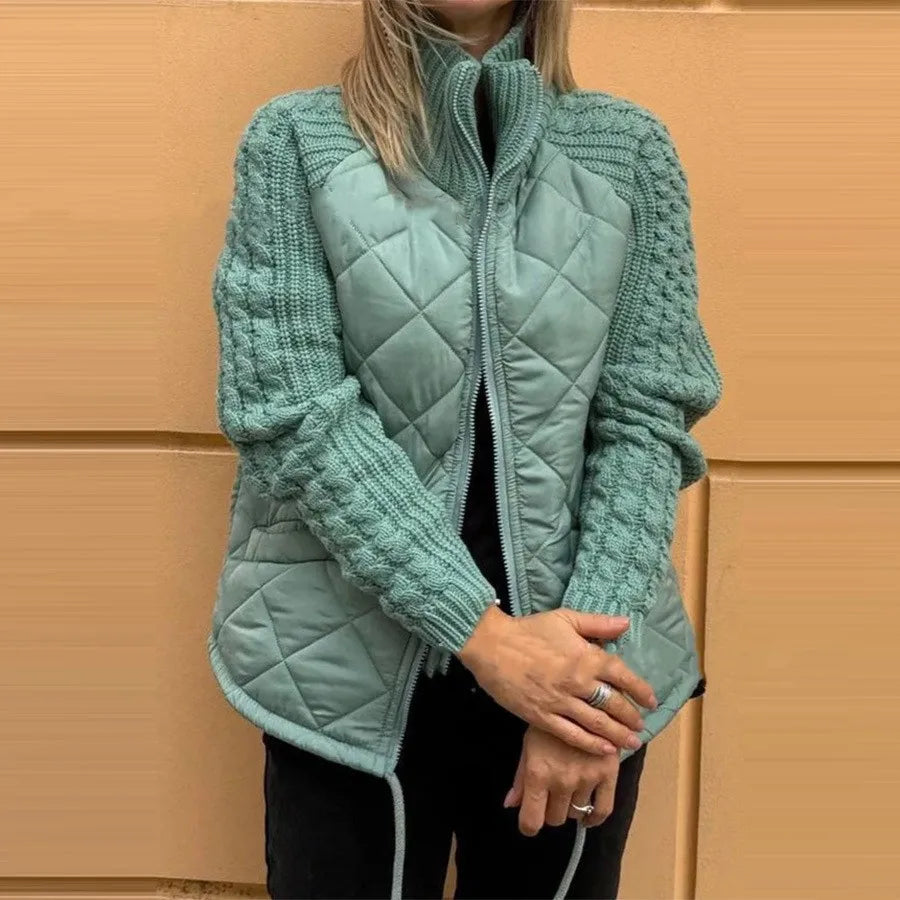 Winter Women Jackets Solid Stand Collar Neck Parkas Patchwork Drawstring Hem Zipper Closure Cotton Jacket Warm Cardigan Coats