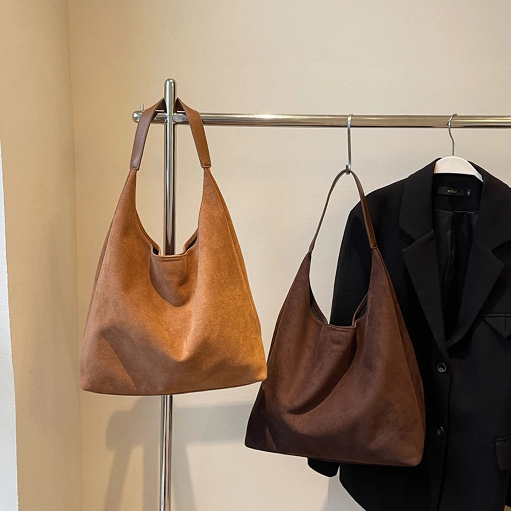 Women Suede Shoulder Bag Large Capacity Tote Bag Trendy Retro Handbag with Pocket for Work Travel Shopping