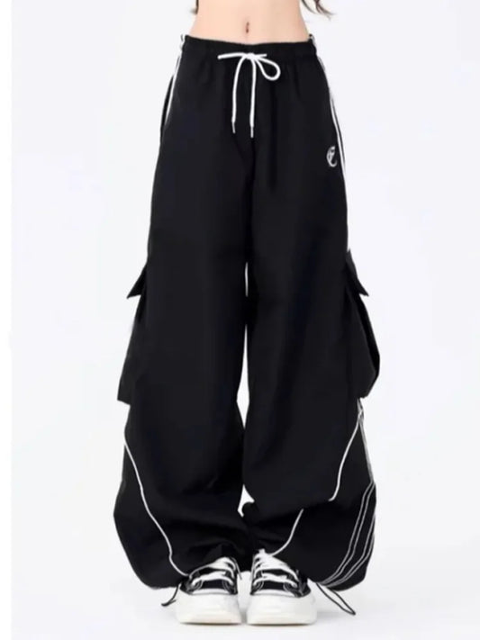 American High Street Black Drawstring Workwear Casual Sports Pants Women Spring 2026 New Loose Wide Leg Floor-Length Pants
