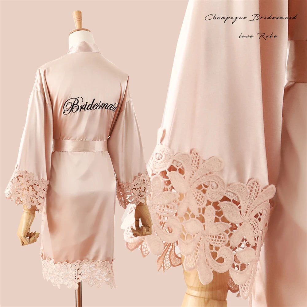 Wedding Embroidery Bride Bridesmaid Kimono Dresses Lace Gown Sexy Women Robes Home Gown Bathrobe Short Night Shirts Sleepwear1PC